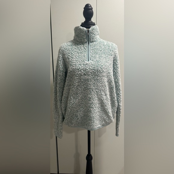 SONOMA Size S Mint Green Quarter Zip Hoodless Sherpa Cowl Sweater with Pockets - Picture 3 of 7
